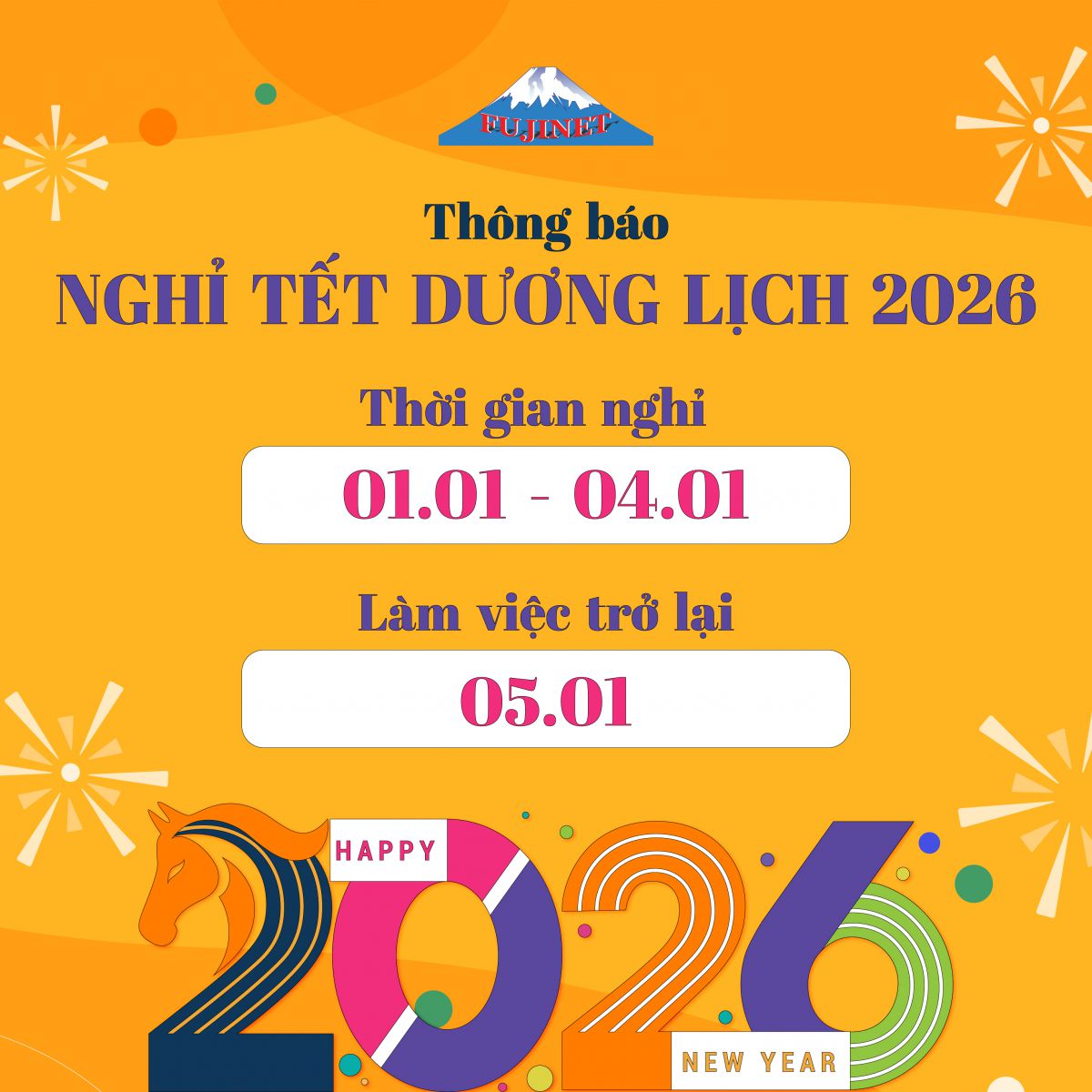 THÔNG BÁO THỜI GIAN NGHỈ TẾT DƯƠNG LỊCH 2026